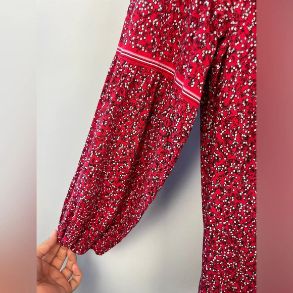 Max Studio Red Ditsy Cherry Print Peasant Style Loose Boho Balloon Sleeve Blouse - Picture 2 of 6